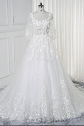 White Long A-line Lace Flowers Half Sleeves Bridal Wedding Dress