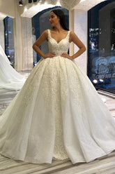 Classy Long Sweetheart Spaghetti Straps Backless Appliques Lace Sequins Ball Gown Wedding Dress
