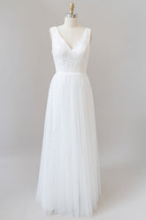 White Long A-line Straps V-neck Chiffon Open Back Wedding Dresses