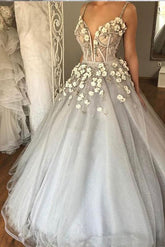 Sexy Long Straps Ball Gown Appliqued Deep V-neck Wedding Dress