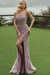 Long Mermaid Strapless Tulle Appliques Lace Floor Length Prom Dress with Slit