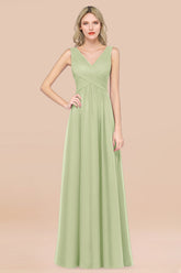A-Line Chiffon Straps V-Neck Sleeveless Floor Length Bridesmaid Dress with Ruffles