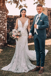 Sexy Long Mermaid Deep V-Neck Lace Tulle Backless Wedding Dress with Train
