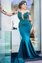 Long Tulle Lace Jewel Satin Mermaid Formal Dress with Sleeves