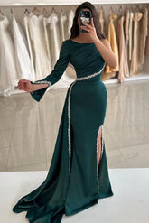 Mermaid One Shoulder Long Sleeve Formal Dress with Side Split