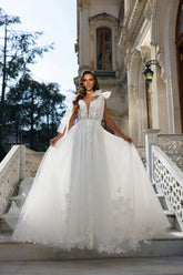 Elegant A-Line Deep V-Neck Tulle Lace Backless Long Wedding Dress with Bow