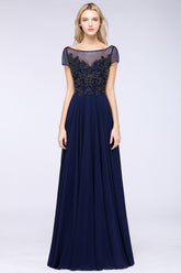Elegant A-Line Short Sleeves Appliques Beads Bridesmaid Dress