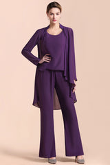 Straps Beading Grape Chiffon Long Sleeves Mother of Bride Jumpsuit With Wrap