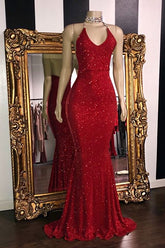 Sexy V-neck Sequins Sleeveless Long Mermaid Prom Dresses