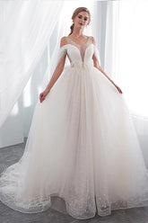 Long V-neck Ruffle Cold shoulder Tulle A-line Wedding Dress