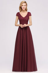 A-line Chiffon Lace V-Neck Sleeveless Floor Length Bridesmaid Dresses with Ruffles