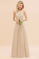 Elegant Champagne A-line Chiffon Ruffles One Shoulder Long Bridesmaid Dress