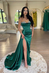Mermaid Long Satin Split Front Sweetheart Prom Dress with Ruffles