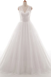 Gorgeous Long V-neck Lace Tulle A-line Wedding Dress