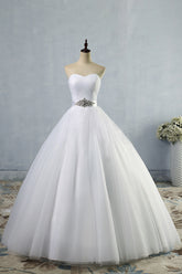 Simple Long Ruffle Strapless Tulle A-line Wedding Dress