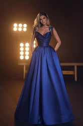Long A-Line Sweetheart Satin Prom Dress with Pockets