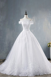 Elegant Long Off The Shoulder Appliques Lace Tulle A-line Wedding Dress