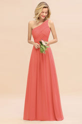Elegant Watermelon A-line Chiffon Ruffles One Shoulder Long Bridesmaid Dress