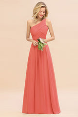 Elegant Watermelon A-line Chiffon Ruffles One Shoulder Long Bridesmaid Dress