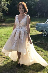 Elegant A-Line V-neck Open Back Appliques Lace High Low Ruffles Tulle Wedding Dress