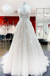 Modest Long A-line V-neck Tulle Spaghetti Straps Ruffles Wedding Dress with Lace