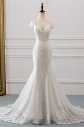 Elegant Long Mermaid Sweetheart Lace Wedding Dress with Cap Sleeves
