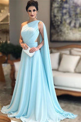 Long One Shoulder A-line Chiffon Formal Evening Dresses