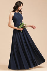 Long A-line Halter Chiffon Dark Navy Wedding Guest Dresses