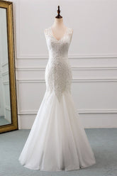 Gorgeous Long Mermaid V-neck Tulle Wedding Dress with Beadings
