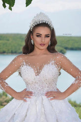 Luxury Long Ball Gown Sweetheart Beads Glitter Wedding Dress with Sleeves