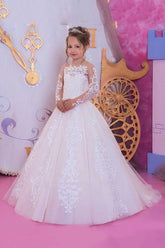 Ball Gown Tulle Applique Lace Flower Girl Dresses With Long Sleeves