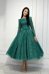 Long Sleeve Crew Neck A Line Tulle Sequin Party Dress