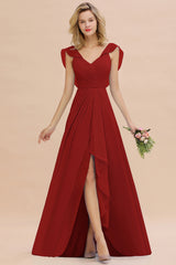 Simple High Low A-line V-Neck Ruffles Chiffon Rust Bridesmaid Dress
