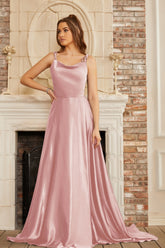 Elegant Long A-line Satin Backless Formal Prom Dresses with Slit