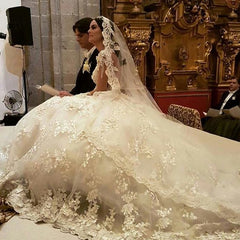 Gorgeous Bateau Long Sleeve Appliques Lace Backless Ruffles Floor Length A-line Wedding Dress