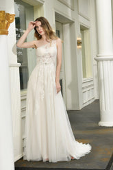 Chic Long One Shoulder Tulle Lace A-Line Wedding Dress