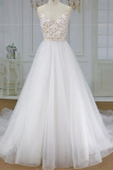 Long Applique Lace Spaghetti Strap A-line Tulle Wedding Dress