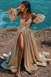 Glitter Long A-line Sweetheart Sequined Formal Prom Dress with Slit