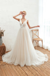 Long Wide Straps Deep V-neck A-Line Floor Length Tulle Wedding Dress