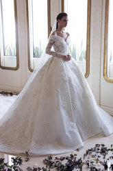 Gorgeous Long Off the Shoulder Backless Appliques Lace A-Line Wedding Dress with Long Sleeve