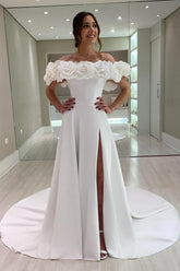Long A-line Off the Shoulder Satin Flower Wedding Dresses with Slit