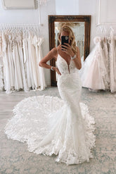 Modest Long Mermaid V-neck Backless Lace Wedding Dresses