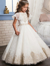 Long Ball Gown Floor Length Tulle Lace Flower Girl Dresses with Sleeves