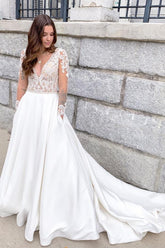 Long A-Line Deep V-neck Appliques Lace Open Back Floor Length Satin Wedding Dress with Pockets