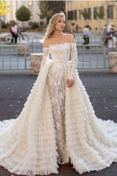 Long Sleeves Off the Shoulder Tulle Mermaid Wedding Dress With Train