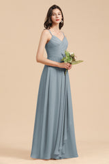 Long A-line V-Neck Chiffon Dusty Blue Wedding Guest Dress