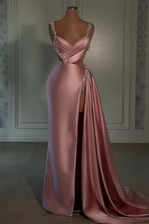 Long Spaghetti Straps V-Neck Mermaid Prom Dress with Slit