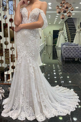 Gorgeous Long Mermaid Off the Shoulder Tulle Lace Wedding Dress