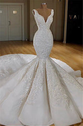 Elegant V-neck Strap Mermaid Lace Long Train Wedding Dresses