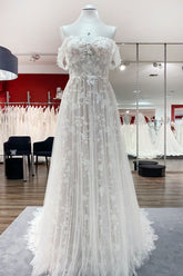 Gorgeous Long A-line Off the Shoulder Tulle Appliques Lace Ruffles Wedding Dress